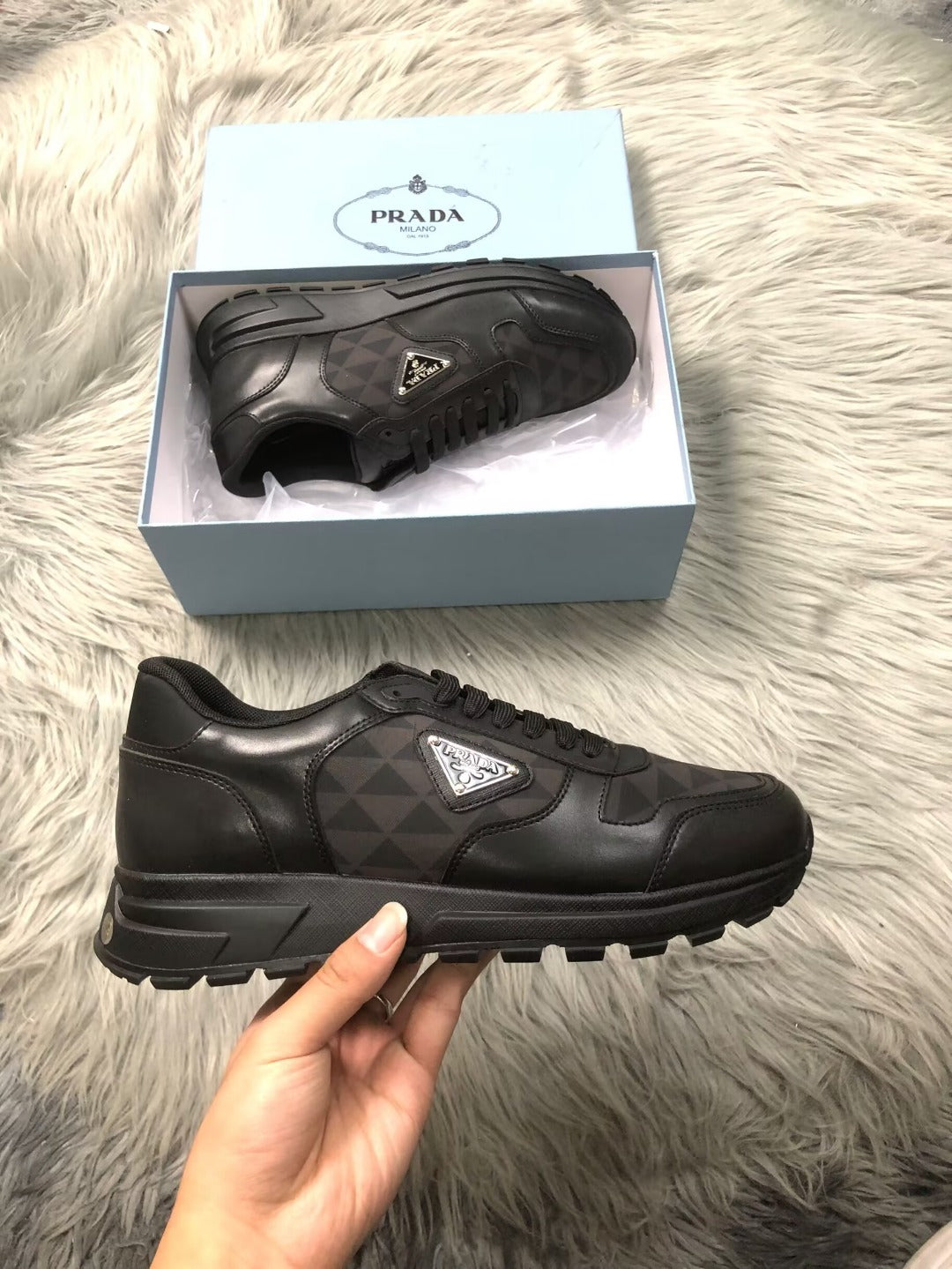 PRADA - Leatther and Re-nylon high-top sneaker